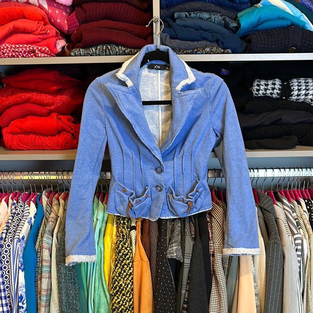 JON blue raw hem brown tie pockets blazer size S